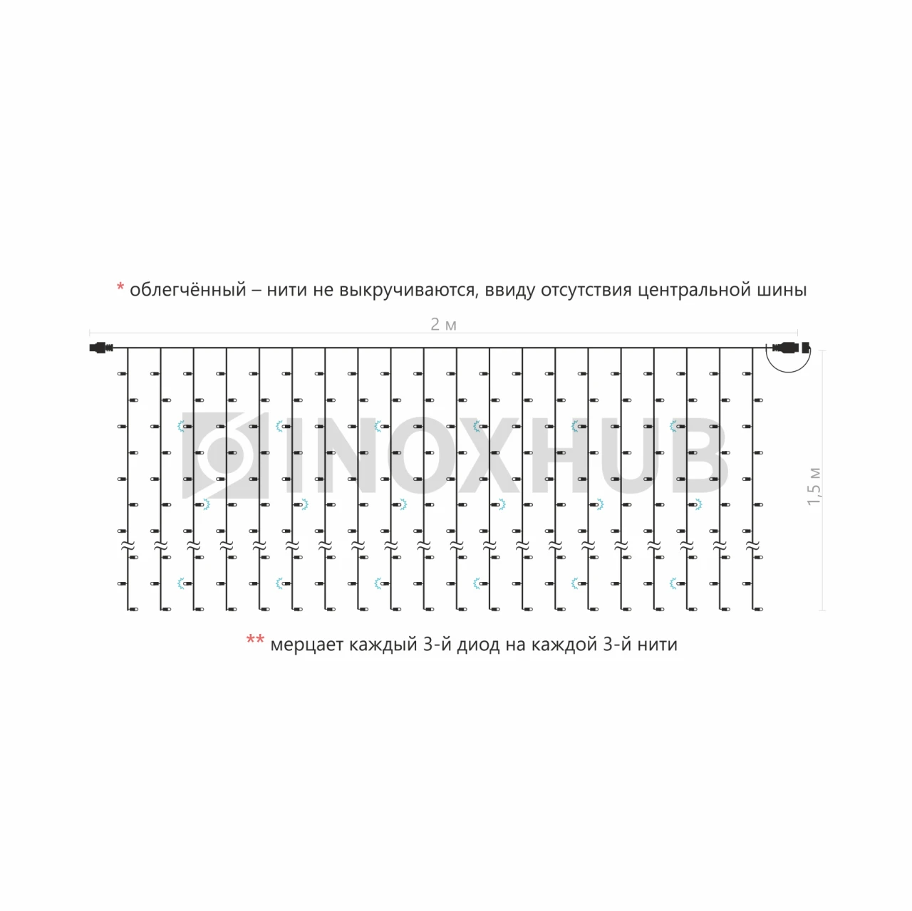 Гирлянда Занавес INOXHUB 2×1.5м Облегчённый, мерцающий, 300 LED, 220В, IP65, прозрачный провод, БЕЛЫЙ фото Иноксхаб