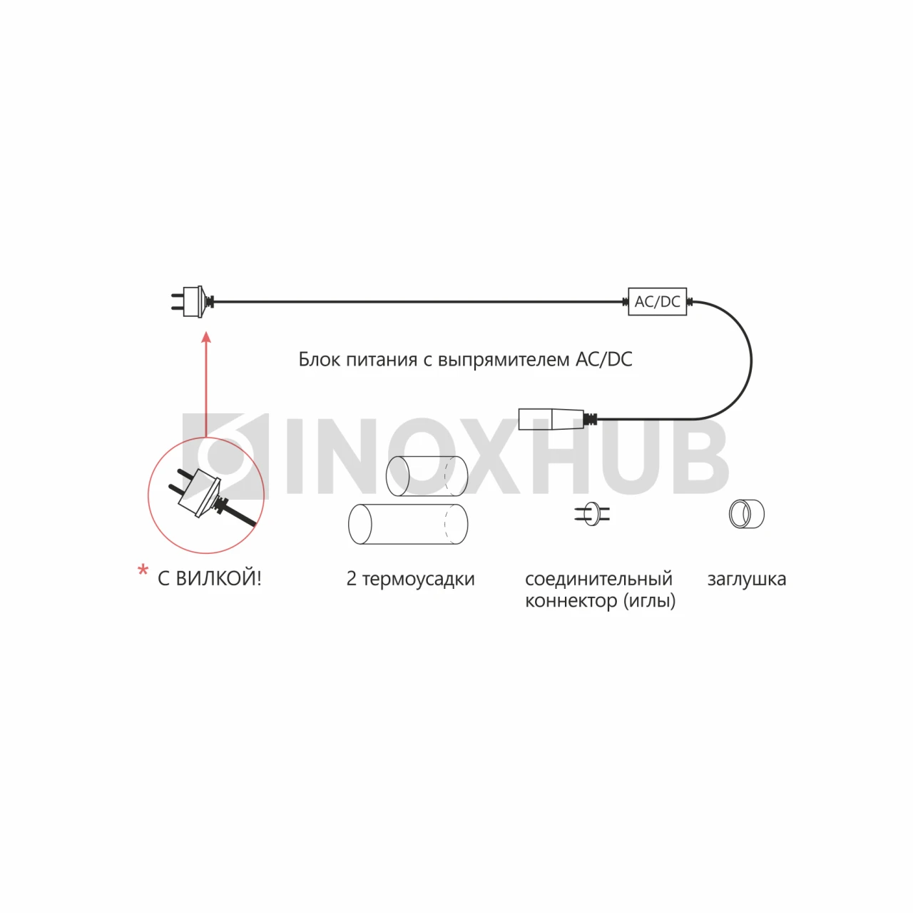 Комплект подключения (5 составляющих) для дюралайта INH-L01-DL-2WH-100-240, с блоком питания 1.5А, до 100 метров, БЕЛЫЙ провод фото Иноксхаб