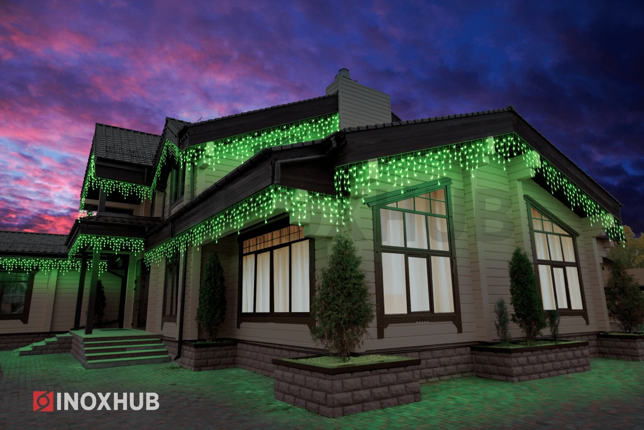 Гирлянда Бахрома INOXHUB 3×0.6м, 108 LED, 220В, IP65, прозрачный провод, ЗЕЛЕНЫЙ фото Иноксхаб