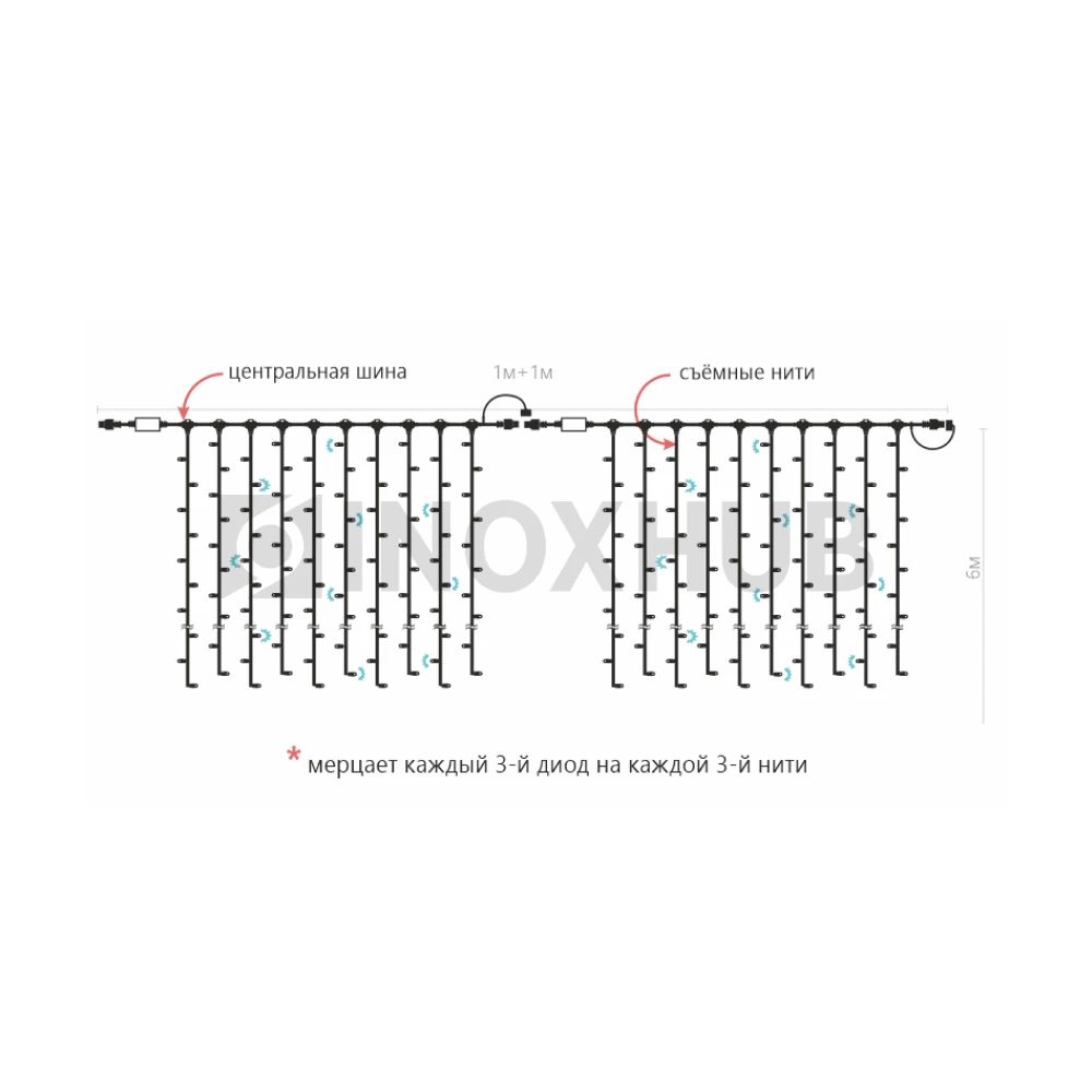 Гирлянда Занавес INOXHUB 2×6м, мерцающий, 1000 LED, 220В, IP65, белая резина 2.3мм, БЕЛЫЙ фото Иноксхаб