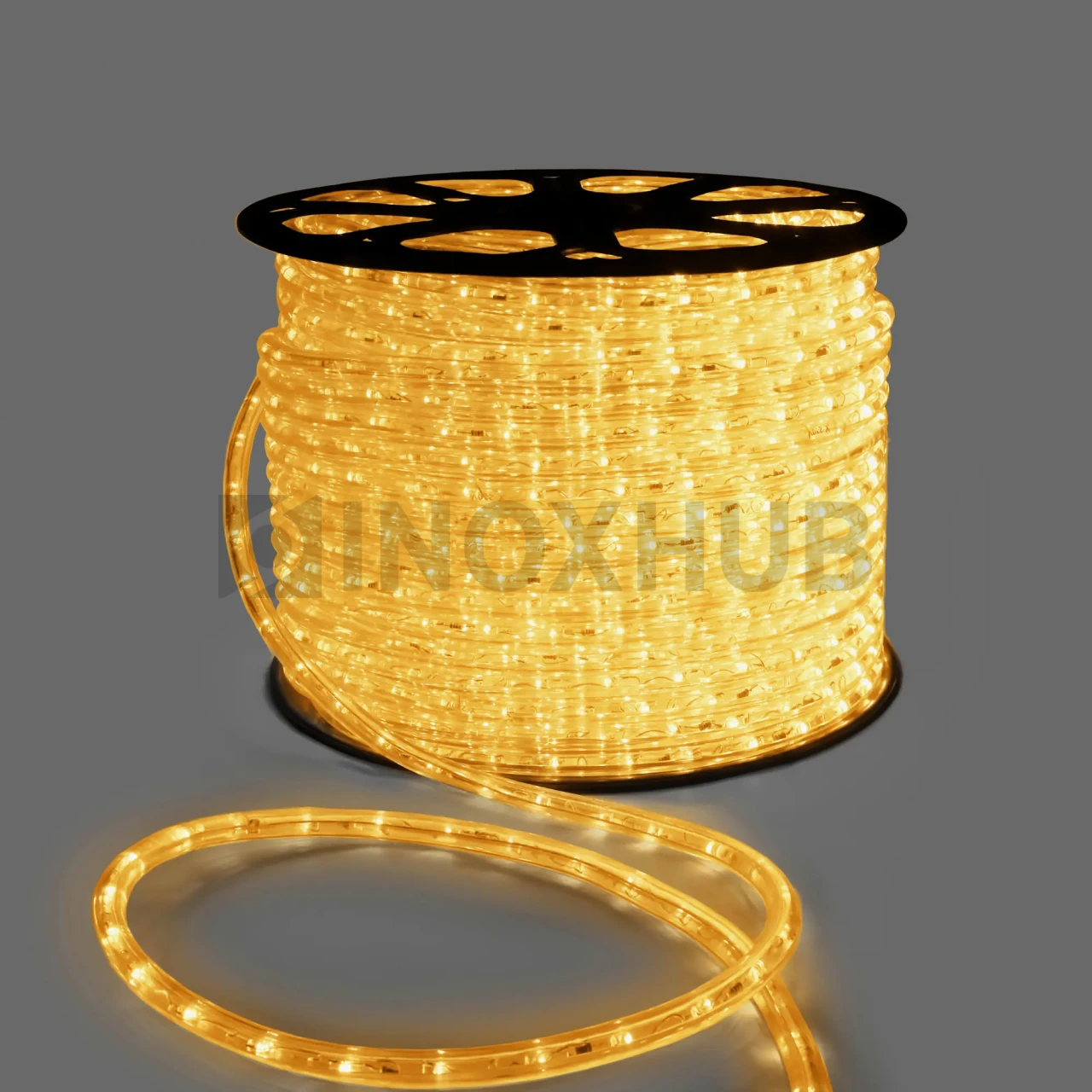 Дюралайт INOXHUB двухжильный 13 мм, круглый, бухта 100м, шаг резки 50см, 36 светодиодов на метр, фиксинг, 24В, IP65, ЖЕЛТЫЙ фото Иноксхаб