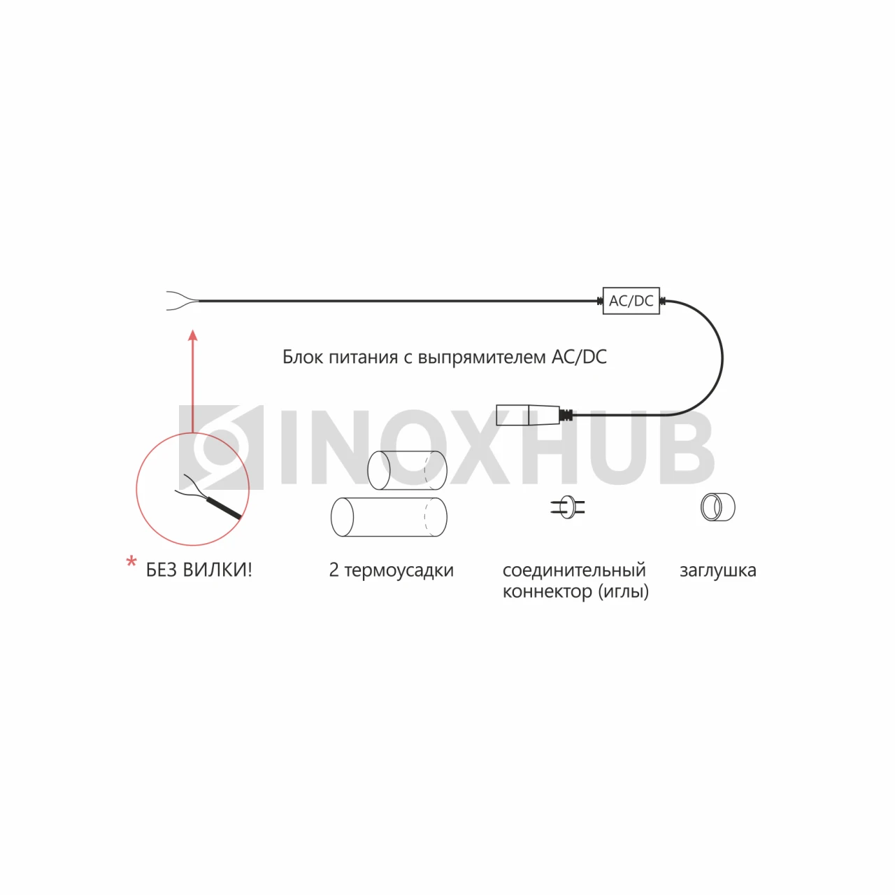Комплект подключения (5 составляющих) для дюралайта INH-L01-DL-2WH-100-240, с блоком питания 1А без вилки, до 50 метров, ЧЁРНЫЙ провод фото Иноксхаб